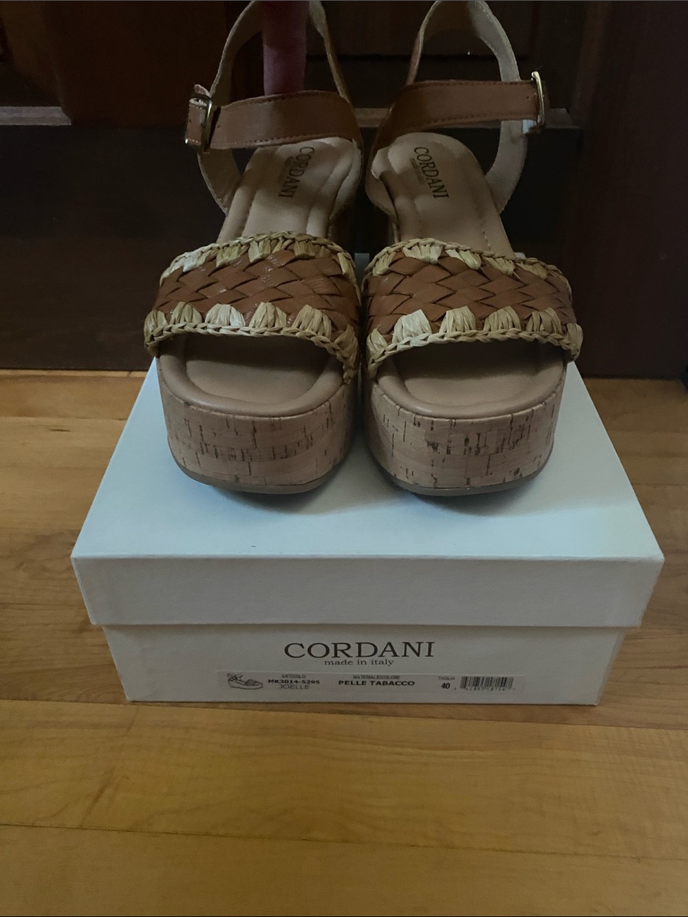 Cordani Brown Woven Cork Joelle pelle tobacco Platform Wedge Sandals 40
